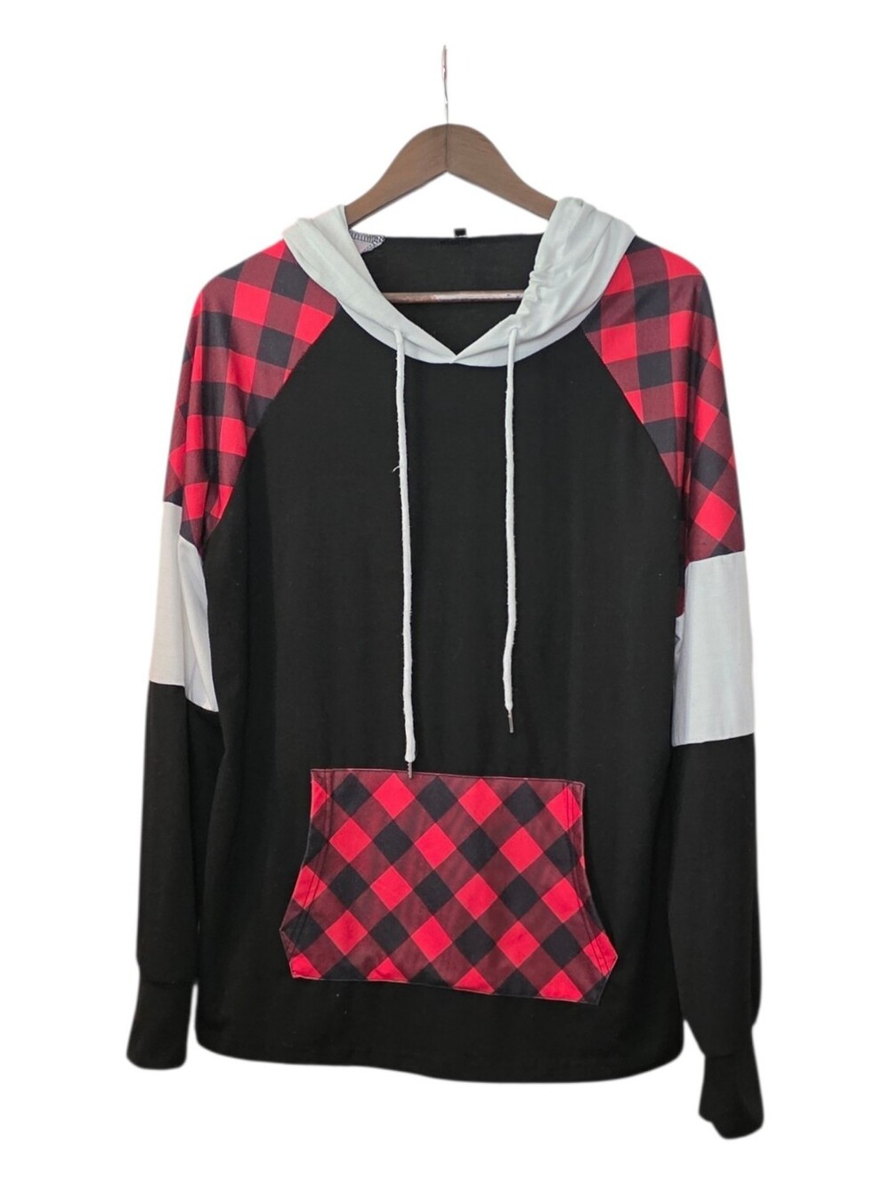 Black Red Buffalo Plaid Colorblock Hoodie XXL - Picture 2 of 6